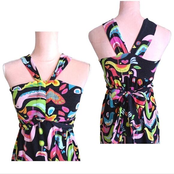 VTG 90s Black Colorful Birds Folk Art Print Sleeveless Halter Maxi Dress Small - Picture 12 of 17